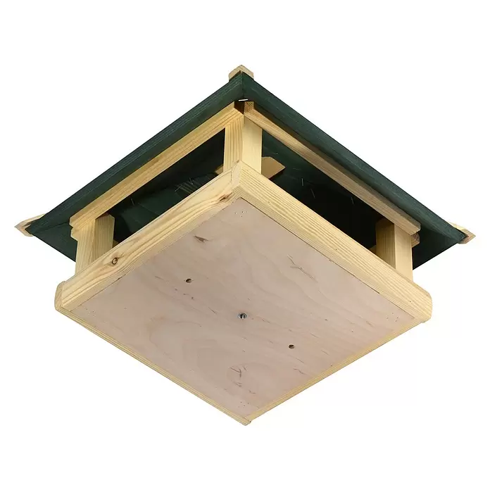 Dobar Vogelfutterhaus - 39 x 39 x 30 cm, Natur/ Grün, Holz - Hölzernes Vogelhaus mit grünem Dach, von unten gesehen, zeigt die natürliche Holzkonstruktion.