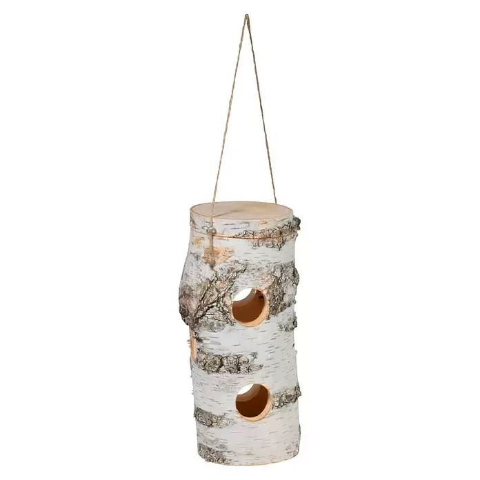 Dobar Meisenknödelhalter - L x B x H: 11 x 11 x 26 cm - Rustikales Vogelhaus aus Birkenstamm mit zwei runden Öffnungen, aufgehängt an einem Naturseil.