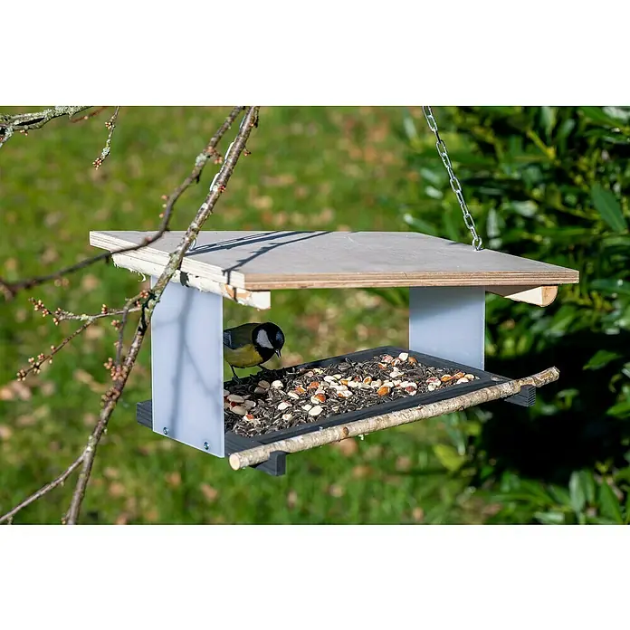 Dobar Vogelfutterhaus Futura II - 38 x 22 x 18 cm, Weiß, Holz - Vogelhaus mit Erdnüssen und Sonnenblumenkernen, an einem Baum hängend mit einer Kohlmeise, die auf dem Futter pickt.