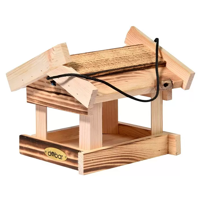 Dobar Vogelhaus Calido - 19 x 19 x 17 cm, Holz, Braun - Futterhaus aus Holz mit schwarzem Seil, hellen und dunklen Holztönen.