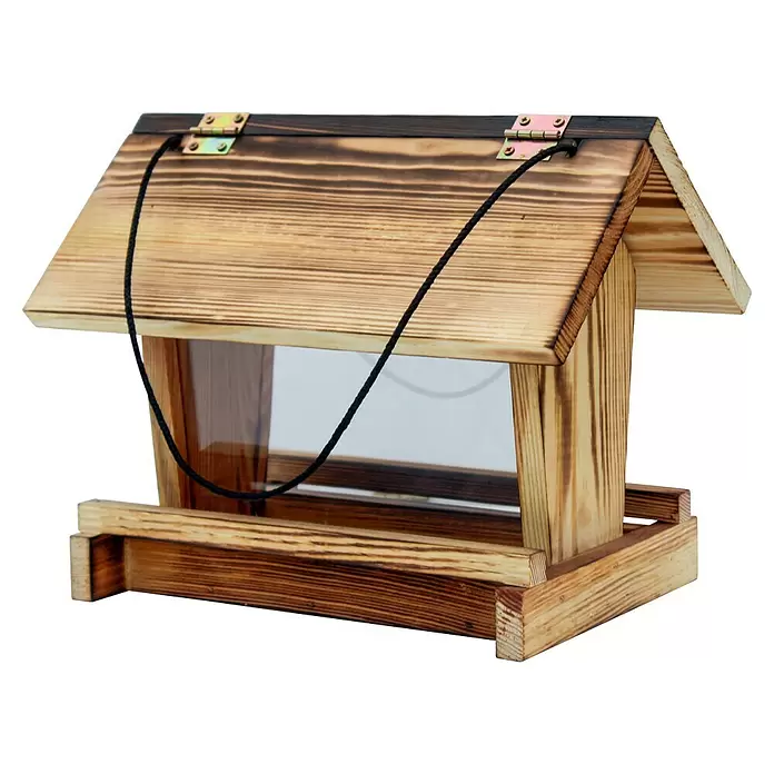 Dobar Vogelhaus Llama - Holz, Braun - Rustikales Holz-Vogelfutterhaus mit transparenten Scheiben und schwarzer Aufhängeschnur.