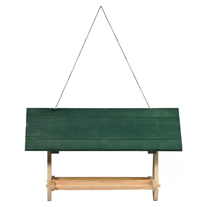 Dobar Vogelhaus Nuuk - 48 x 24 x 29 cm, Holz, Natur/ Grün - Grünes Holz-Hängeschild mit einem hellen Holzständer darunter, einem Vogelhaus ähnelnd.