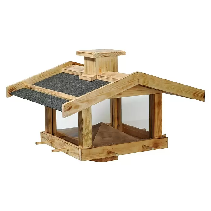 Dobar Vogelfutterhaus Fuego - 47 x 45 x 32 cm, Braun, Holz - Hölzernes Vogelhaus mit dunkelgrauem Granulatdach und mehreren Sitzstangen.