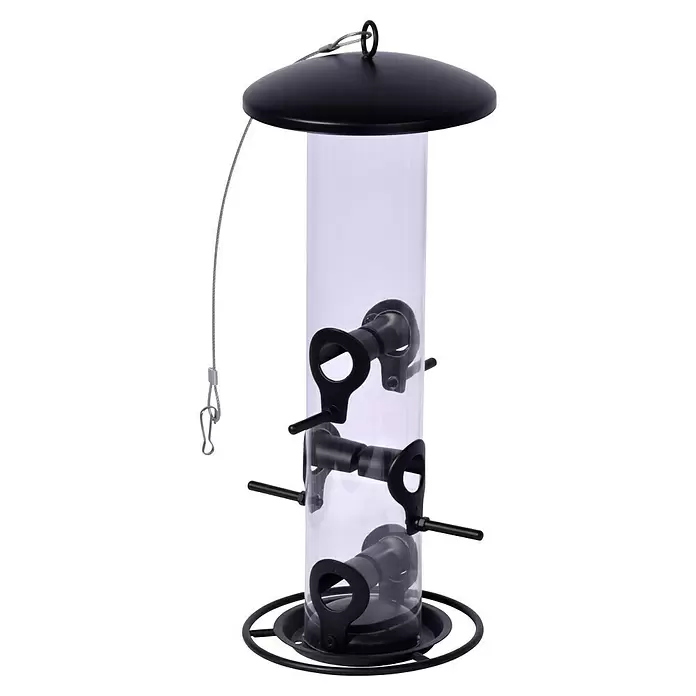 Dobar Vogelfutterstation - L x B x H: 14 x 14 x 37 cm - Transparente Röhren-Vogelfutterstation mit schwarzen Futteröffnungen und Sitzstangen, schwarzem Deckel und Drahtaufhängung.