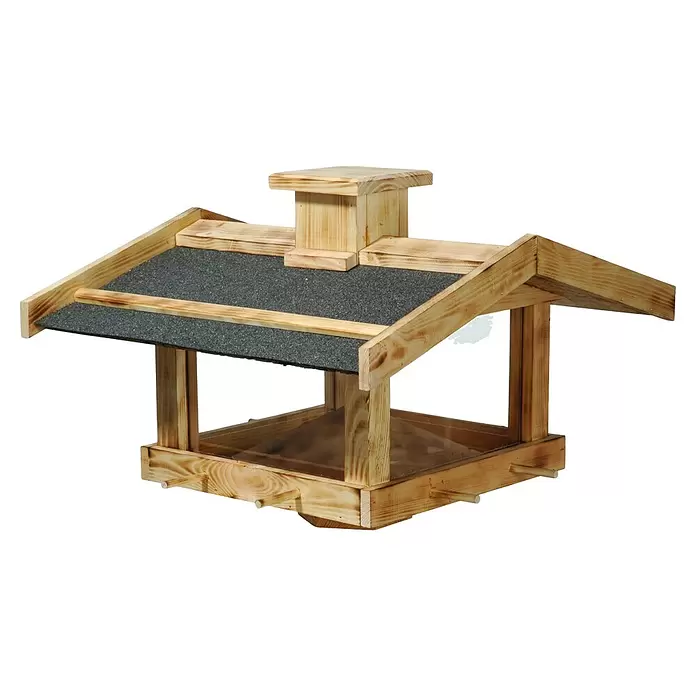 Dobar Vogelfutterhaus Fuego - 47 x 45 x 32 cm, Braun, Holz - Futterhaus aus Holz mit dunkelgrauem Schindeldach, durchsichtigen Futterkammern und Sitzstangen.