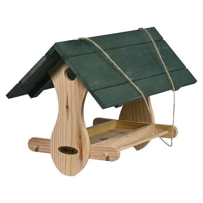 Dobar Vogelhaus Nuuk - 48 x 24 x 29 cm, Holz, Natur/ Grün - Futterhäuschen aus Holz mit grünem Dach und Aufhängeschnur.