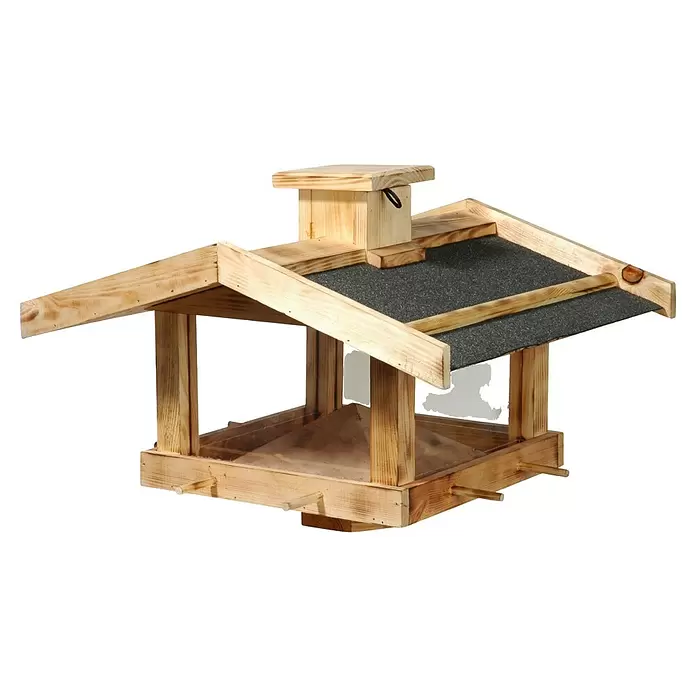 Dobar Vogelfutterhaus Fuego - 47 x 45 x 32 cm, Braun, Holz - Futterhaus aus Holz mit dunkelgrauem Dach und mehreren Sitzstangen.