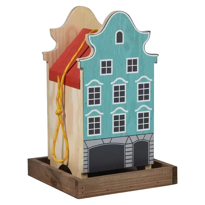 Dobar Vogelfutterhaus Aasee - 19 x 19 x 30 cm, Blau, Holz - Vogelhaus aus Holz in Form eines türkisfarbenen holländischen Hauses mit rotem Dach und gelbem Seil.
