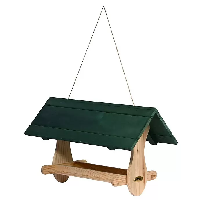 Dobar Vogelhaus Nuuk - 48 x 24 x 29 cm, Holz, Natur/ Grün - Hölzerne Vogeltränke mit hellem Holzsockel und dunkelgrünem Dach, zum Aufhängen.