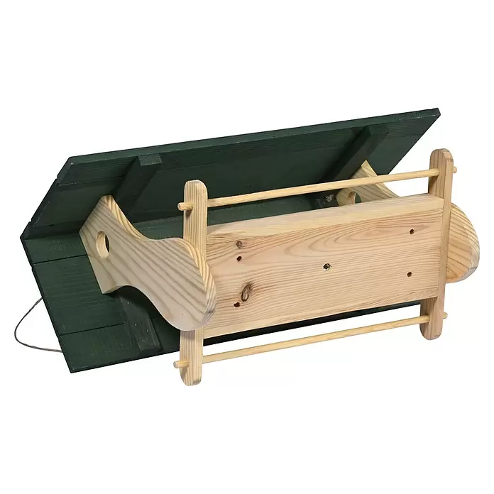Dobar Vogelhaus Nuuk - 48 x 24 x 29 cm, Holz, Natur/ Grün - Futterhaus aus Holz mit hellem Korpus und dunkelgrünem Dach, mit zwei Sitzstangen.