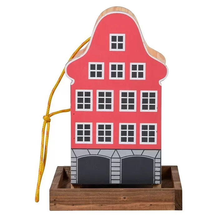 Dobar Vogelfutterhaus - 19 x 19 x 30 cm, Natur/ Rosa, Holz - Rotes Vogelhäuschen aus Holz mit gelber Aufhängeschnur und Holzschalenbasis.