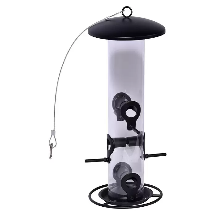 Dobar Vogelfutterstation - L x B x H: 14 x 14 x 37 cm - Vogelhäuschen mit transparentem Rohr, schwarzem Metall und silbernem Draht zum Aufhängen.