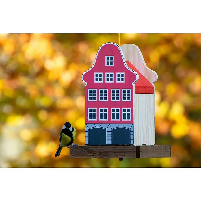 Dobar Vogelfutterhaus - 19 x 19 x 30 cm, Natur/ Rosa, Holz - Zauberhaftes Vogelhaus in Hausform mit Meise im Garten.