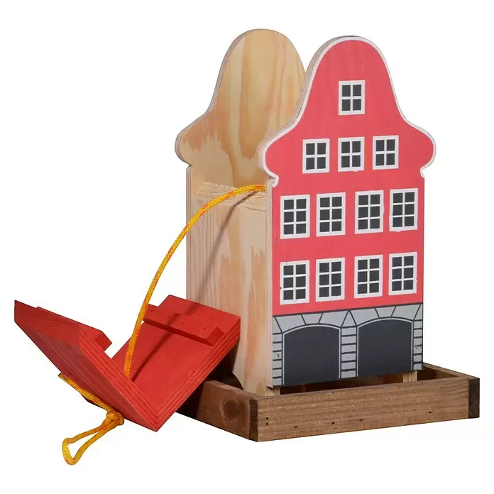 Dobar Vogelfutterhaus - 19 x 19 x 30 cm, Natur/ Rosa, Holz - Vogelhaus aus Holz in Form eines roten Hauses mit natürlicher Holzrückseite und gelber Aufhängeschnur.