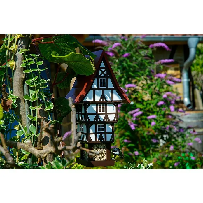 Dobar Vogelfutterhaus Zuckerhut - 20 x 18 x 41 cm, Weiß/ Braun/ Rot, Holz - Dieses Bild zeigt ein dekoratives Vogelhaus im Fachwerkstil, das mit Samen gefüllt ist und von einem bunten Zaunkönig besucht wird.