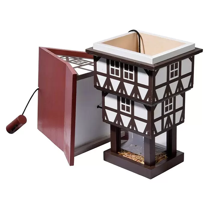 Dobar Vogelfutterhaus Zuckerhut - 20 x 18 x 41 cm, Weiß/ Braun/ Rot, Holz - Hölzernes Vogelfutterhaus im Haus-Design mit sichtbarem Futter und seitlichem Spender.
