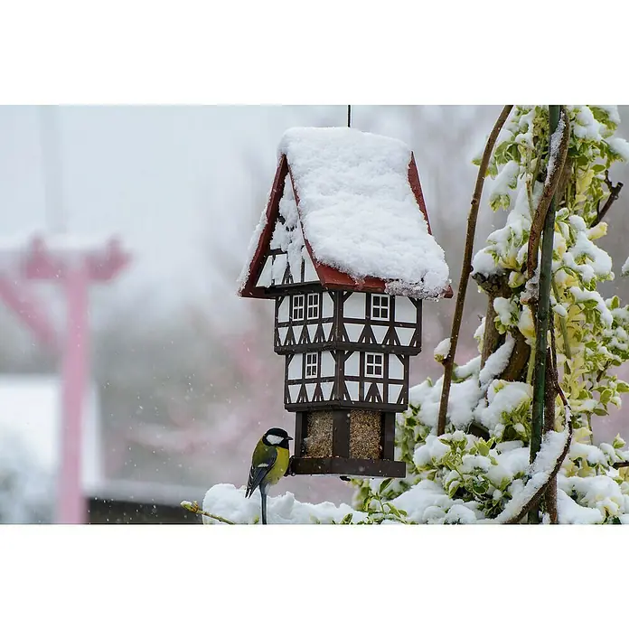 Dobar Vogelfutterhaus Zuckerhut - 20 x 18 x 41 cm, Weiß/ Braun/ Rot, Holz - Ein Meisenknödelhalter in Form eines Hauses ist mit Schnee bedeckt, während eine Meise auf einer schneebedeckten Oberfläche sitzt.
