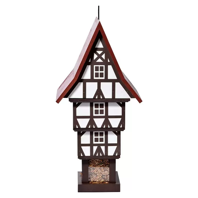 Dobar Vogelfutterhaus Zuckerhut - 20 x 18 x 41 cm, Weiß/ Braun/ Rot, Holz - Mehrstöckiges Fachwerk-Vogelhaus in Dunkelbraun und Weiß, mit Vogelfutter gefüllt.