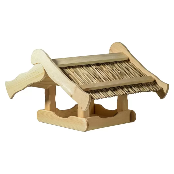 Dobar Vogelhaus - 50 x 44 x 32 cm, Holz, Natur - Vogelhäuschen aus hellem Holz mit einem Stroh- oder Schilfdach.