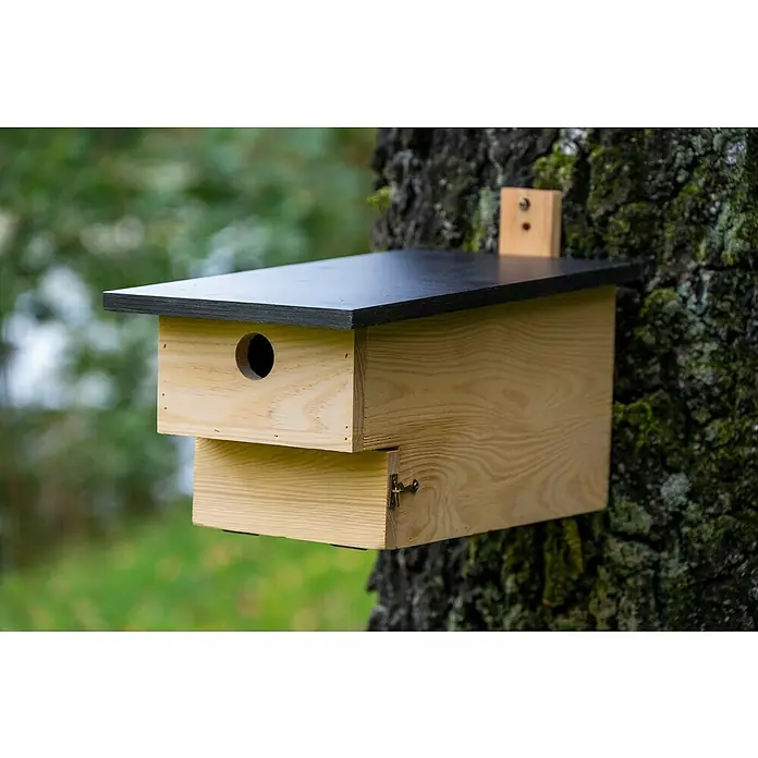 Dobar Nistkasten - 19 x 37 x 22 cm, Natur/ Dunkelbraun, Holz - Detailaufnahme eines hölzernen Vogelhauses mit schwarzem Dach, befestigt an einem Baumstamm. Einladende Heimstätte für kleine Vögel im Garten.