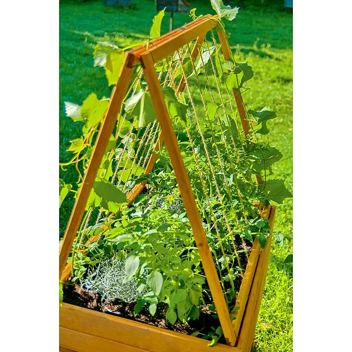 Dobar Rankhilfe - 58 x 70 cm, Holz, Braun - Nahaufnahme eines Hochbeets mit verschiedenen Pflanzen und einem hölzernen Klettergerüst.