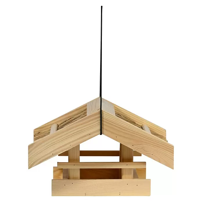 Dobar Vogelhaus Torshavn - Holz, Natur - Futterhaus aus Holz mit Spitzdach, an einer schwarzen Schnur hängend.