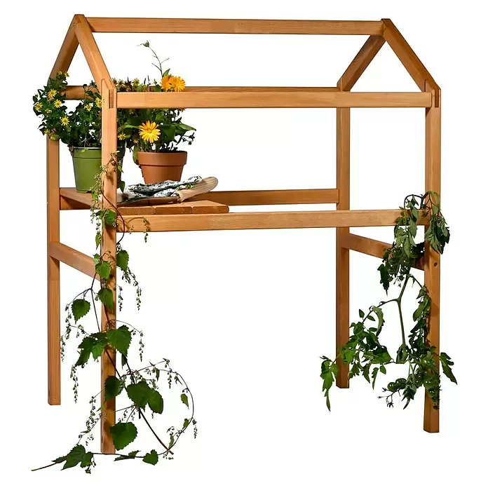 Dobar Pflanzturm - 75 x 54 x 91,5 cm, Braun - Pflanzregal aus hellem Holz mit hausförmigem Rahmen, zwei Regalböden mit Topfpflanzen und Gartengeräten.