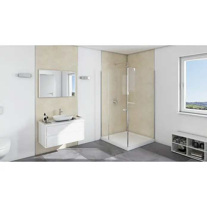 SanDesign Acryl-Verbundplatte - 100 x 250 cm, Beige Marble - Helles Badezimmer mit begehbarer Dusche mit klaren Glaswänden, einem weißen Waschtisch und großem Spiegel.