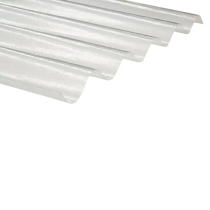Lámina corrugada Granonda - 150 cm x 110 cm x 0,8 mm, Natural - La imagen muestra un panel de cubierta de plástico corrugado transparente, típico para toldos e invernaderos. Proporciona transmisión de luz y protección contra el clima.