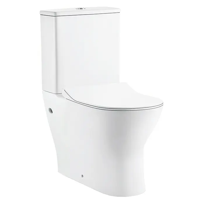 Camargue Pack de WC London - Salida dual - Primer plano de un elegante inodoro blanco. El diseño minimalista y las líneas limpias lo convierten en un elemento llamativo del baño.