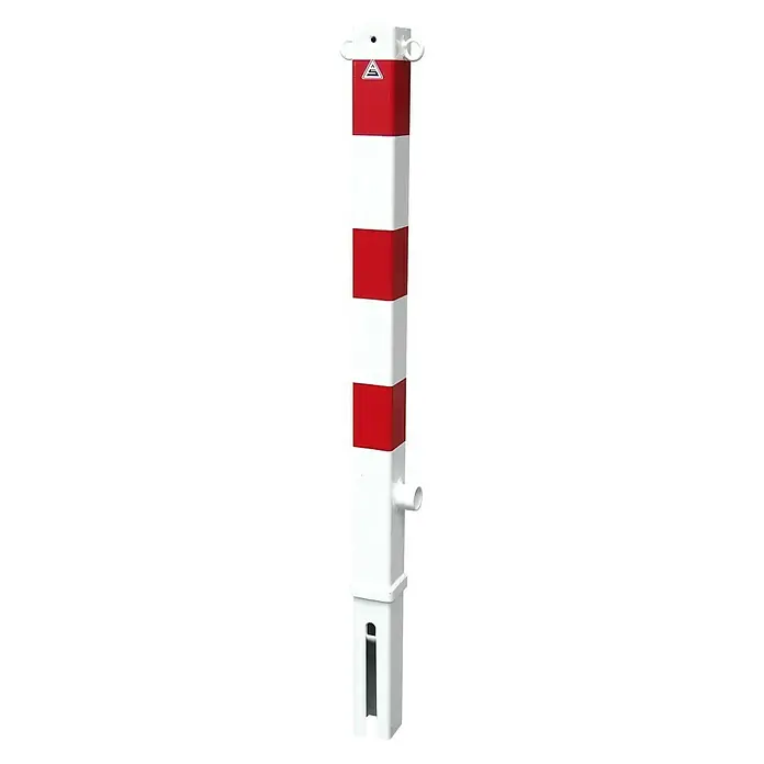Schake Sperrpfosten - L x B x H: 70 x 70 x 1.400 mm, Stahl, Montageart: Stecken, Dreikantverriegelung, 2 Ösen - Absperrpfosten mit rot-weißen Markierungen. Der Pfosten ist aus robustem Material gefertigt und dient zur Absperrung und Lenkung von Verkehr.