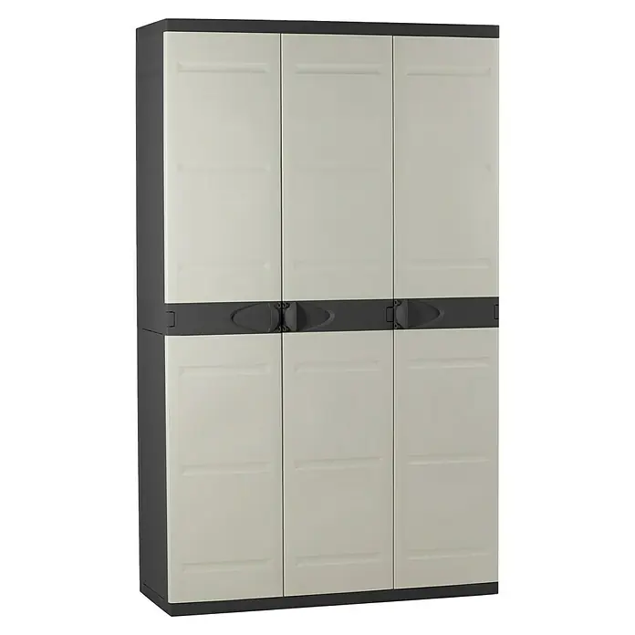 Plastiken Titanium Armario multiusos de plástico - L x An x Al: 44 x 105 x 176 cm, Número de puertas: 3 ud., Gris/Negro - Imagen de un armario de almacenamiento de tres puertas en gris y blanco, ideal para garaje o sótano.