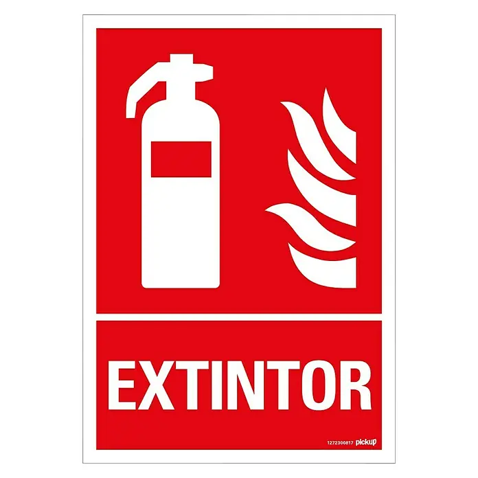 Pickup Señal de precaución - Motivo: Extintor de incendios, L x An: 33 x 23 cm - Señal roja de seguridad contra incendios con la palabra "EXTINTOR", representando un extintor y llamas estilizadas.