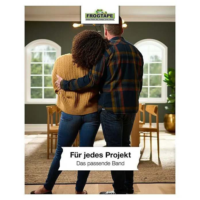 Frogtape Kreativklebeband Multi-Surface - 41,1 m x 36 mm, Grün, 1 -tlg. - Ein Paar umarmt sich vor einem Interieur mit FrogTape, das für jedes Projekt das passende Band bietet und saubere Farbkanten ermöglicht.