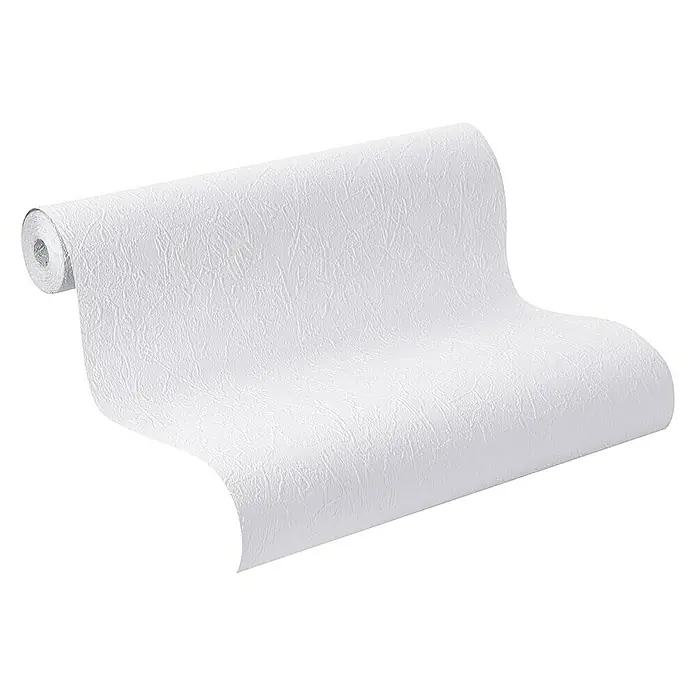 Rasch Papiertapete Prägeoptik - Weiß, Uni, 10,05 x 0,53 m - Eine Rolle weißer Tapete mit Textur, die sich leicht abrollt, um die Textur und das Muster des Produkts hervorzuheben.