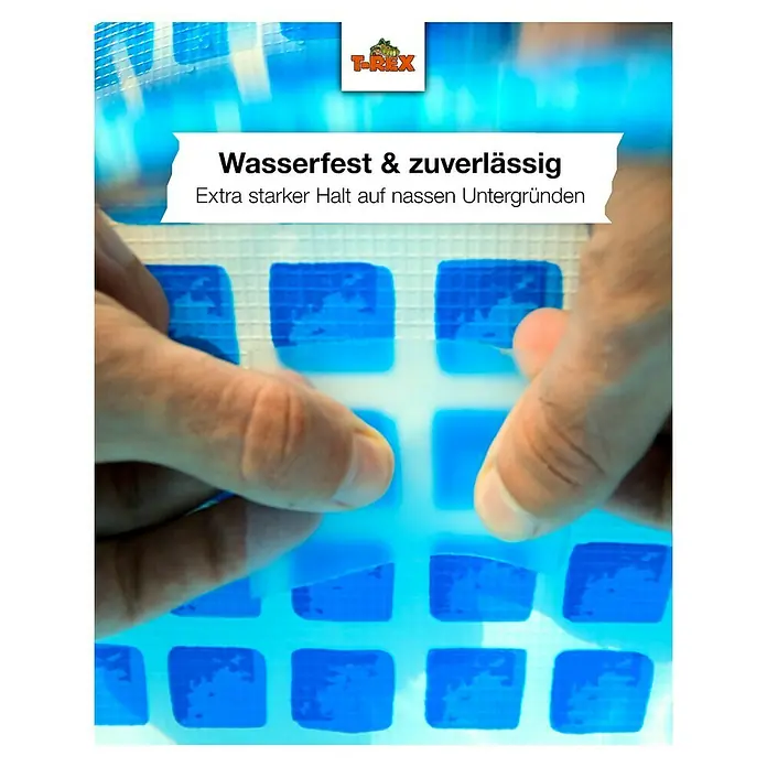 T-Rex Reparaturband Waterproof Tape - Schwarz, 1,5 m x 50 mm - Das Bild zeigt wasserfeste und zuverlässige T-Rex-Flicken, die extra starken Halt auf nassen Untergründen bieten.