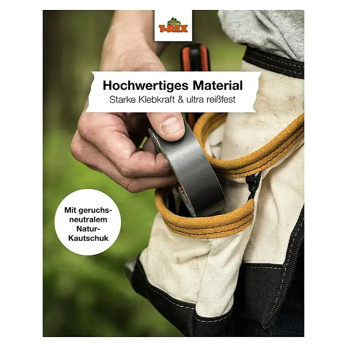 T-Rex Gewebeband - Schwarz, L x B: 9,1 m x 25 mm - Bild einer Rolle T-Rex-Gewebeband in einer Werkzeugtasche, die hochwertiges Material und starke Klebkraft verspricht.