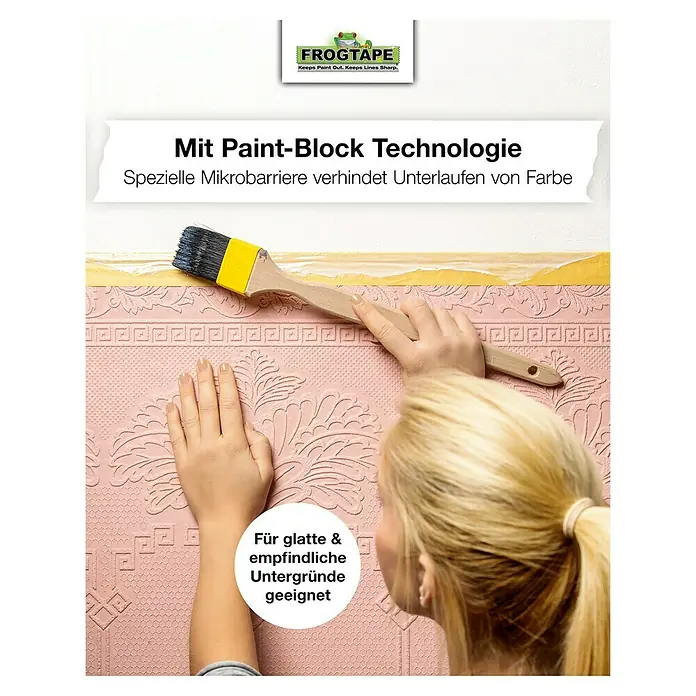 Frogtape Kreativklebeband Delicate Surface - 41,1 m x 36 mm, Gelb - Ein Bild von FrogTape mit Paint-Block Technologie, ideal für glatte & empfindliche Oberflächen, gezeigt bei der Verwendung auf einer Wand.