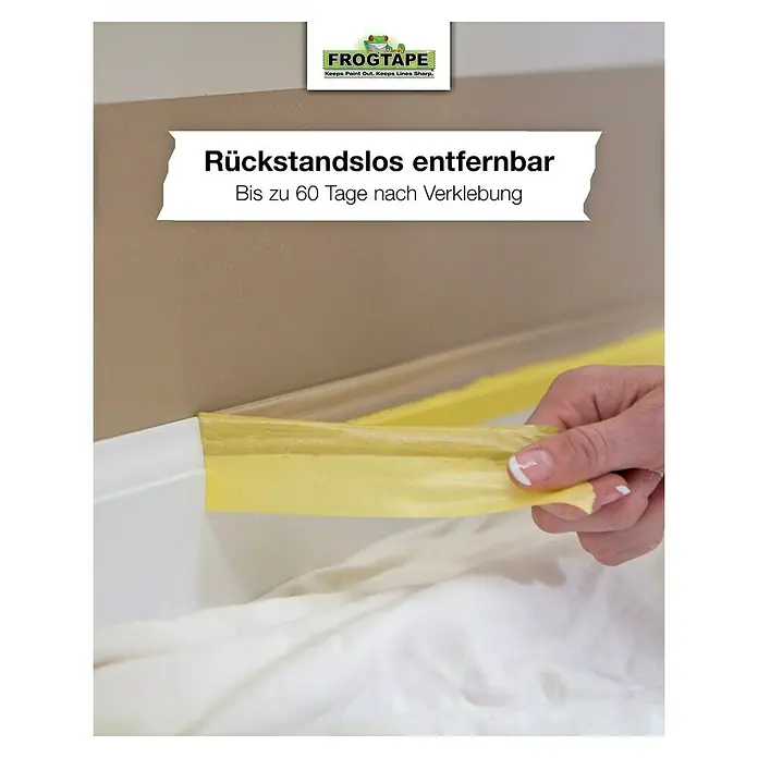 Frogtape Kreativklebeband Delicate Surface - 41,1 m x 36 mm, Gelb - Bild von gelbem Frogtape-Malerkreppband, das an einer Wand angebracht wird, mit der Aufschrift „Rückstandslos entfernbar, bis zu 60 Tage nach Verklebung“.