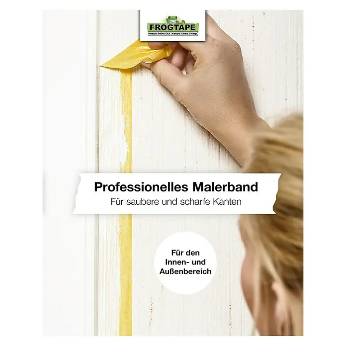 Frogtape Kreativklebeband Delicate Surface - 41,1 m x 36 mm, Gelb - Das Bild zeigt Frogtape Malerkreppband für saubere Farbkanten beim Abkleben, ideal für den Innen- und Außenbereich.