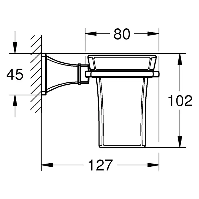 Grohe Grandera Zahnputzbecher - Mit Halterung, Metall, Chrom/Gold - Technische Zeichnung einer Seifenschale mit Maßangaben. Die Seifenschale ist zur Wandmontage und die Maße sind in Millimetern angegeben.