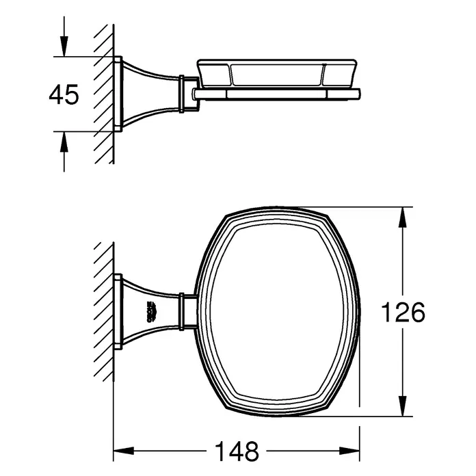 Grohe Grandera Seifenschale - Mit Halterung, Metall, Chrom/Gold - Abbildung einer Seifenschale mit den Maßen 45 mm Höhe, 126 mm Breite und 148 mm Tiefe zur Wandmontage.