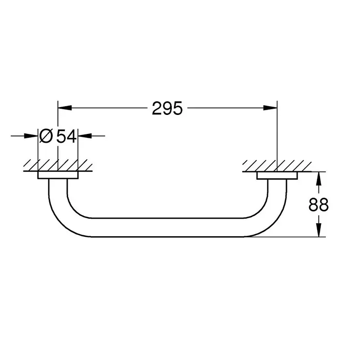 Grohe Essentials Wannengriff - Breite: 34,9 cm, Supersteel, Matt - Technische Zeichnung eines U-förmigen Haltegriffs mit den Maßen 295 mm Breite und 88 mm Höhe, Durchmesser der Montageplatten 54 mm.