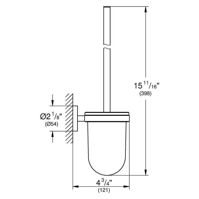 Grohe Essentials WC-Bürstengarnitur - Mit Halterung, Cool Sunrise, Matt - Technische Zeichnung einer WC-Garnitur mit Maßen. Die Gesamthöhe beträgt 398mm, die Breite 121mm und der Durchmesser der Wandhalterung 54mm.