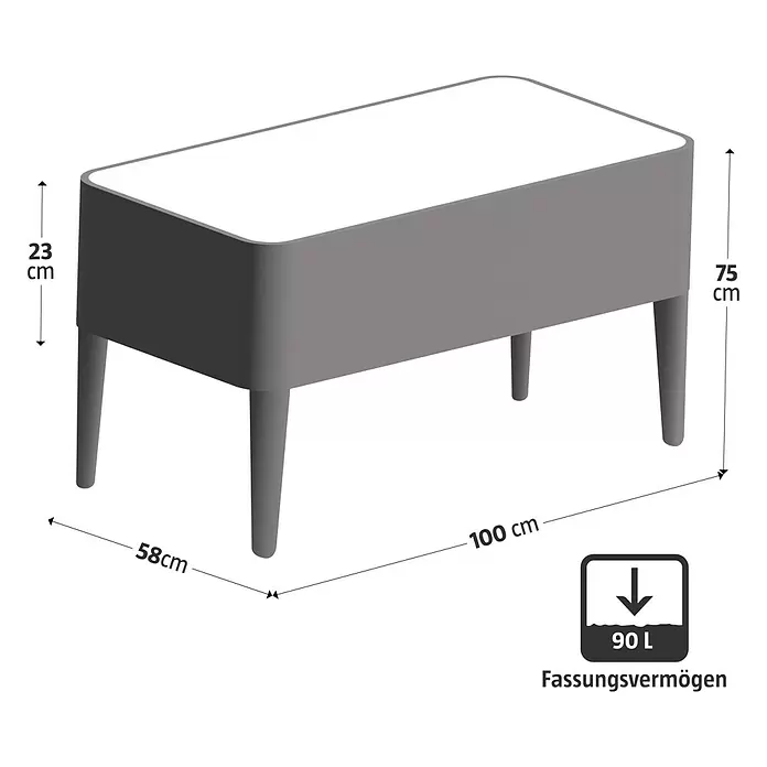 Hochbeet York - 100 x 58 x 75 cm, Holz, Braun - Graues rechteckiges Hochbeet mit weißem Rand und vier Beinen. Maße 100x58x75 cm (LxBxH), 23cm Pflanztiefe, 90L Fassungsvermögen.