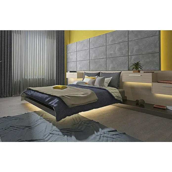 Tween Light LED-Band - Länge: 300 cm, Lichtfarbe: Warmweiß, 22 W, 275 lm - Ein schwebendes Bett mit stilvollem Design und grauer Bettwäsche vor einer Akzentwand mit Paneelen in einem modernen Schlafzimmer.