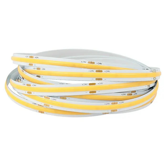 Tween Light LED-Band - Länge: 300 cm, Lichtfarbe: Warmweiß, 22 W, 275 lm - Nahaufnahme einer aufgerollten, flexiblen COB LED-Leiste, beschriftet mit "+24V", ideal für präzise Beleuchtungslösungen und DIY-Projekte.