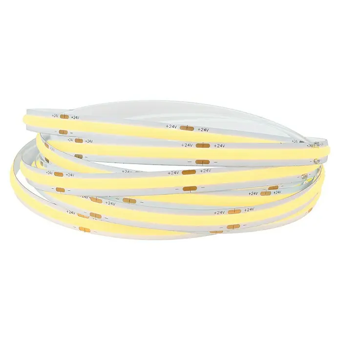 Tween Light LED-Band - Länge: 300 cm, Lichtfarbe: Warmweiß, 22 W, 275 lm - Nahaufnahme eines aufgerollten LED-Streifens mit +24V Markierungen, der warmes, gelbes Licht ausstrahlt.