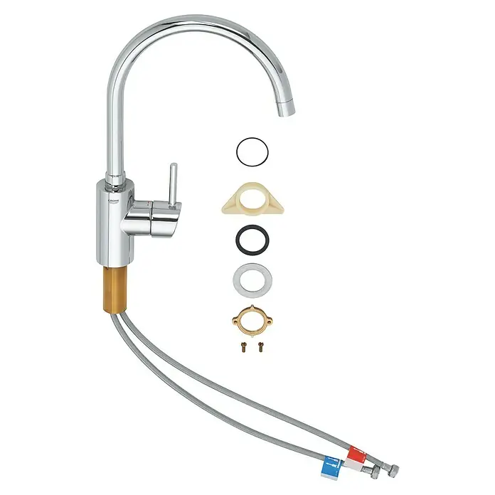 Grohe Concetto Spültischarmatur - C-Auslauf, Chrom, Glänzend, Schwenkbar - Produktansicht einer GROHE Küchenarmatur mit Montagezubehör, die eine einfache Installation und langanhaltende Leistung verspricht.
