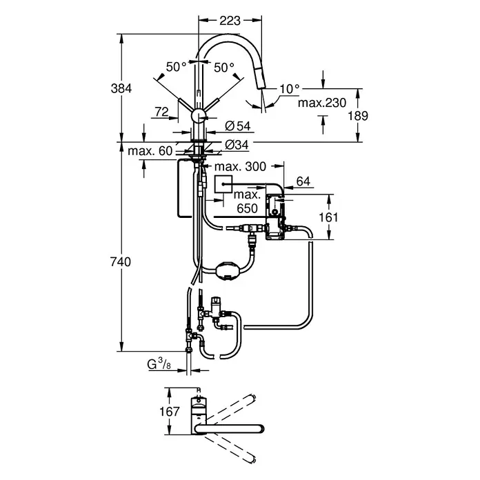 Grohe Spültischarmatur Minta Touch 2 - Chrom, Glänzend - Abbildung des Spültischmischers mit Maßangaben für Installation und Design, inklusive Ausladung und Höhe des Wasserhahns.